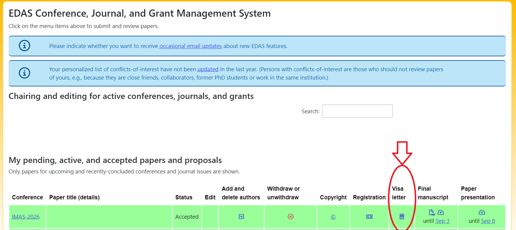 EDAS profile showing the Visa letter option