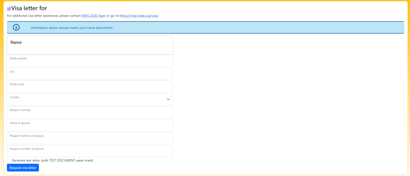 EDAS Visa letter request page